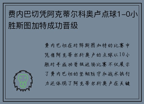 费内巴切凭阿克蒂尔科奥卢点球1-0小胜斯图加特成功晋级